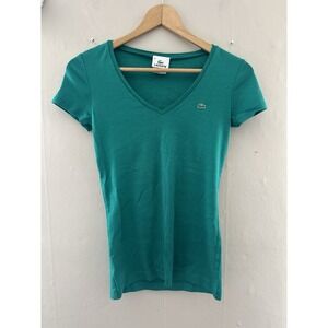 Lacoste Womens V Neck Short Sleeve Shirt Size 38 / S Green Preppy Classic Cotton